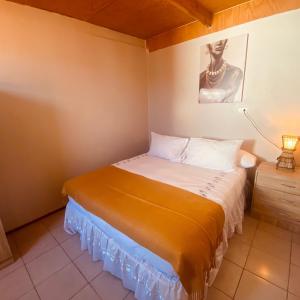 a small bedroom with a bed and a lamp at CASA TAMBO in San Pedro de Atacama