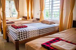 three beds in a room with windows at Skybird Homestay in Hoi An