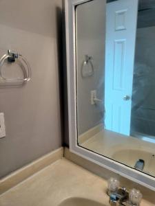 a bathroom with a sink and a large mirror at Lovely green townhouse in Frederick