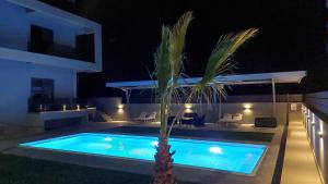 a swimming pool at night with a palm tree next to it at Luana Monte Apartments in Amoudara Herakliou