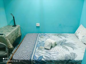 uma cama num quarto com uma parede azul em DesMaries Pleasantville em San Fernando