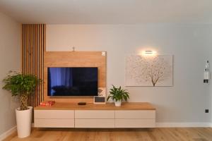 a living room with a flat screen tv on a cabinet at Villa Suzana grijani bazen i biljar na otvorenom in Veprinac