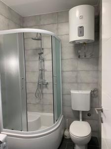 uma casa de banho com um chuveiro, um WC e um lavatório. em MONDO - self check in em Osijek