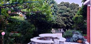 ツレスにあるApartments Bura & Jugo, Cres, without stressの木々の茂る庭の白いピクニックテーブル