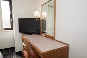 Zimmer mit einem Schreibtisch, einem TV und einem Spiegel in der Unterkunft Nara Washington Hotel Plaza in Nara