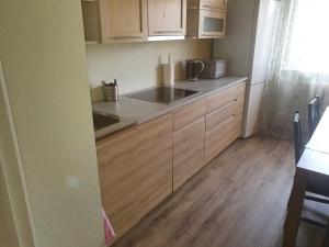 a kitchen with wooden cabinets and a counter top at Haava Apartment in Haapsalu