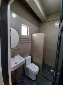uma casa de banho com um WC, um lavatório e um espelho. em Ship MARIA Hotel em Puerto Galera