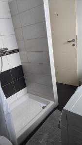a bathroom with a shower with the door open at Apartma Samo in Kranj