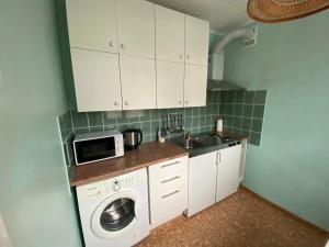 uma cozinha com uma máquina de lavar roupa e um lavatório em Linda apartment em Kuressaare
