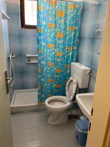 a bathroom with a toilet and a shower curtain at Finikas in Iria