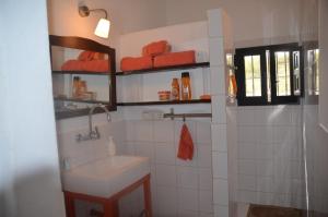 ピサラにあるB&B Finca Alegria de la Vidaのバスルーム(シンク、シャワー、オレンジタオル付)