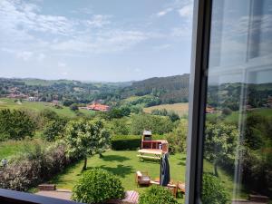 a view of a garden from a window of a house at Apartamentos Corona in Comillas