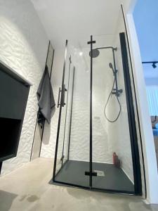 a shower with a glass door in a room at Apto 2.Duplex con jardin.Centrico- in Villanueva de la Cañada