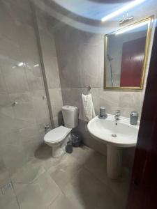 a bathroom with a sink and a toilet and a mirror at Blue Topas Otel in Burhaniye