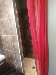a bathroom with a shower with a red shower curtain at The happy house in Le Martinet