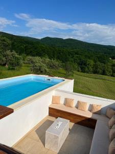 a view of a swimming pool with a couch and a table at Le Chalet M - Cabană cu o panoramă de poveste. in Şurdeşti