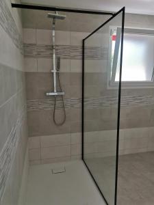 a shower with a glass door in a bathroom at Maison mitoyenne au cœur du Pays Basque in Saint-Esteben