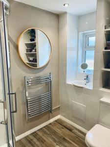 a bathroom with a toilet and a mirror at The Summer House - Free Onsite Parking in Cambridge