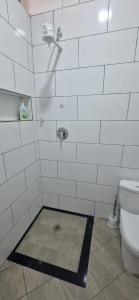 y baño con ducha de azulejos blancos y aseo. en Light and airy villa in Lalibela, en Lalibela