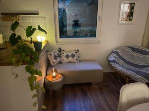 a small living room with a couch and a window at 70m2 Romantic Living in the Old Town with Garden in Bratislava
