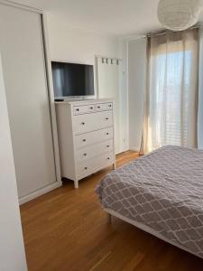 um quarto com uma cama e uma televisão numa cómoda em Grand T2 La Plaine Saint Denis em Saint-Denis