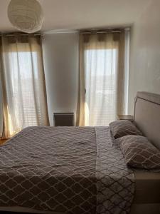 ein Schlafzimmer mit einem großen Bett und zwei Fenstern in der Unterkunft Grand T2 La Plaine Saint Denis in Saint-Denis