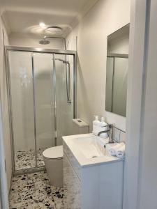uma casa de banho com um chuveiro, um lavatório e um WC. em Comfortable Seaside Studio & Courtyard em Scarborough