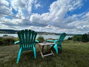 Chalet Charmant rénové au bord du Lac St Point في Montperreux: كرسيين وطاولة في العشب