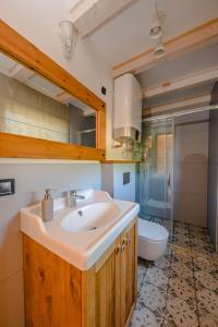 a bathroom with a sink and a toilet at Kaszuby - Komfortowe domki nad jeziorem in Barkocin
