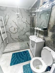 a bathroom with a toilet and a shower and a sink at Loghin Residence in Suceava