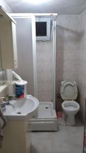 uma pequena casa de banho com lavatório e WC em Merkezi konumda daire em Istambul