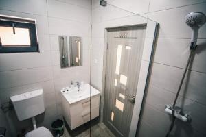 a bathroom with a toilet and a sink and a shower at Casutele Amaliei in Corbu +27 photos