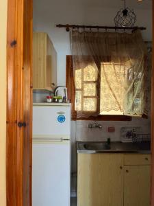 a kitchen with a refrigerator and a sink and a window at Eleni Antonouli Rooms in Kokkino Nero