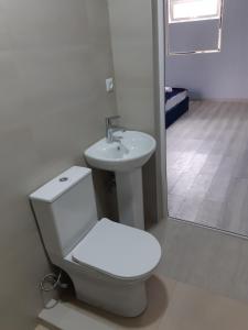 Arsha的住宿－Elegia，白色的浴室设有卫生间和水槽。