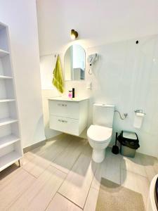 a bathroom with a toilet and a sink and a mirror at Atlas' House in Poznań