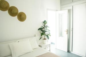 um quarto com uma cama branca e um vaso de plantas em MATEOS APARTMENT WINDMILLS TOWN em Míconos