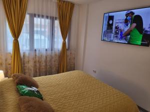 a bedroom with a bed with a tv on the wall at Apartament NECTARIA in Băile Herculane