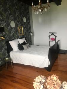 a bedroom with a bed with a black and white wall at L'Horizon de Marianne in Montagnac-sur-Auvignon