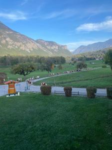 a herd of cattle walking down a road with mountains at LE NID DU BIRDIE, Giez, Proche du lac d’Annecy in Giez