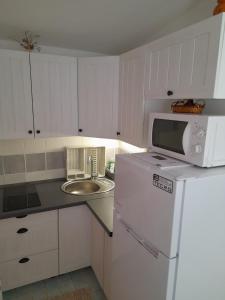 a white kitchen with a sink and a microwave at Oaza in Ražanac