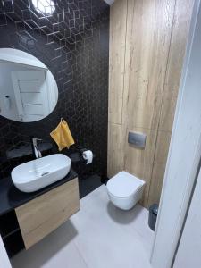 a bathroom with a toilet and a sink and a mirror at Apartament nad jeziorem Białym Augustów in Augustów