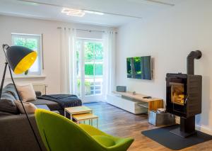 een woonkamer met een bank en een open haard bij Apartment DaVinci - Sauna, Kamin, Garten, E-Bikes in Olpe