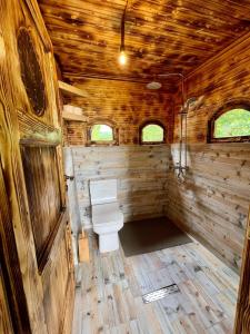 a bathroom with a toilet in a wooden cabin at Kulla Hupi Agriturism in Bulqizë