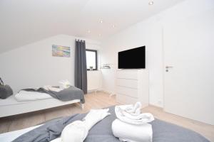 Dieses weiße Zimmer verfügt über ein Bett und einen TV. in der Unterkunft GUN03-RI Apartment in Haundorf in Haundorf