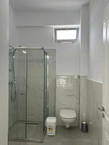 a bathroom with a glass shower and a toilet at Vila Jona Palasë in Dhërmi +56 photos