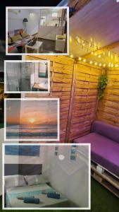 a collage of photos of a room with a purple couch at Sunshine & Burrero Beach Vacation in Playa del Burrero