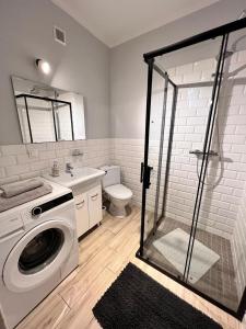 a bathroom with a washing machine and a toilet at Apartamenty Firfas 9 in Bydgoszcz