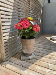una maceta de flores sentada en una terraza de madera en Apt17 - Guest house just outside of Billund - rural and quiet surroundings en Billund