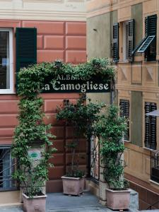 ein Schild an der Seite eines Gebäudes mit Pflanzen in der Unterkunft La Camogliese Hotel B&B in Camogli