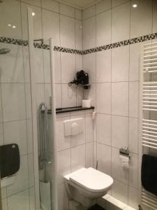 uma casa de banho com um WC e uma cabina de duche em vidro. em Ferienhaus 251 in Burhave em Burhave